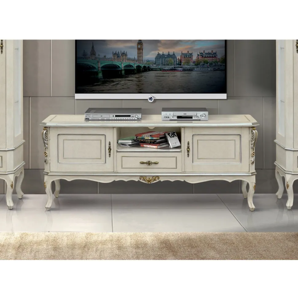 Mobile Porta Tv di Lusso Legno Bianco e Argento Made in Italy - Cheverny