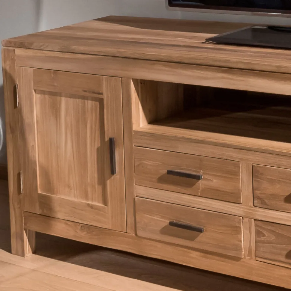 Mobile Porta Tv in Teak Massello con 2 Ante e 4 Cassetti - Kendo