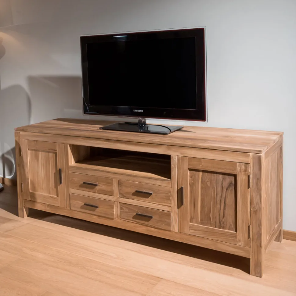 Mobile Porta Tv in Teak Massello con 2 Ante e 4 Cassetti - Kendo
