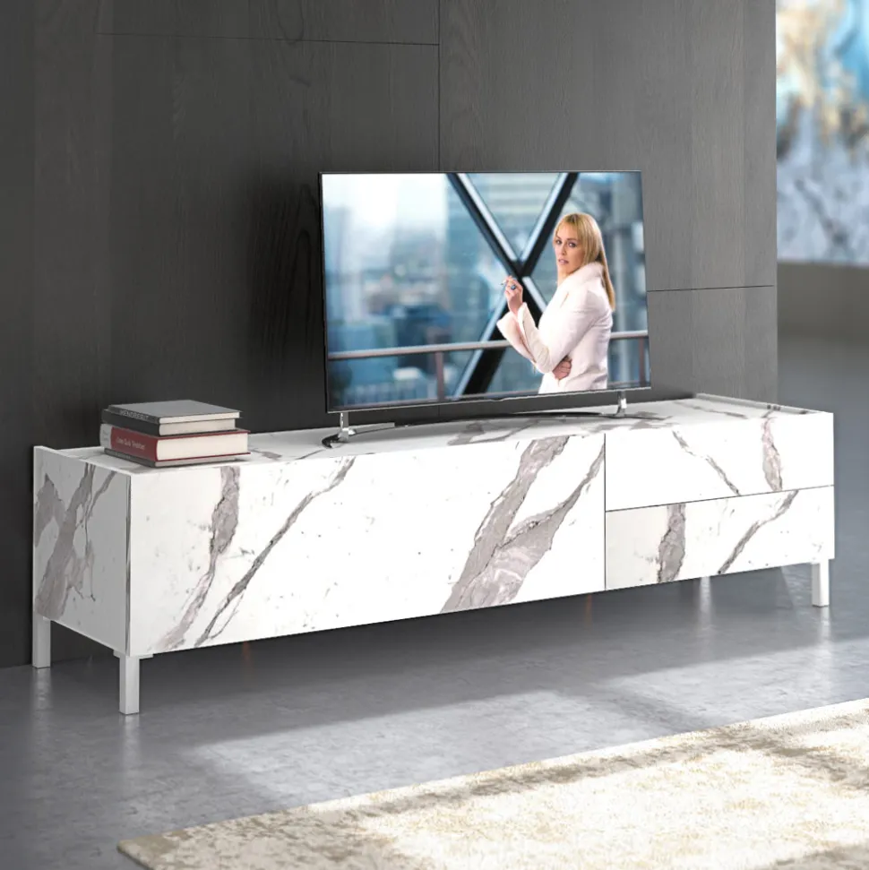 Mobile Porta Tv Rivestito in Melaminico Finitura Marmo Made in Italy - Zinco