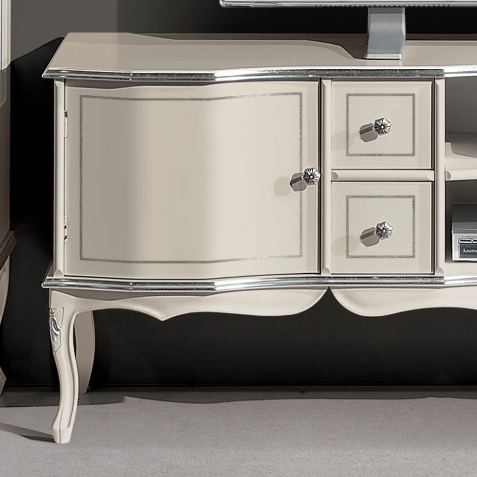 Mobile Salotto Porta Tv Legno Bianco e Argento Made in Italy - Windsor