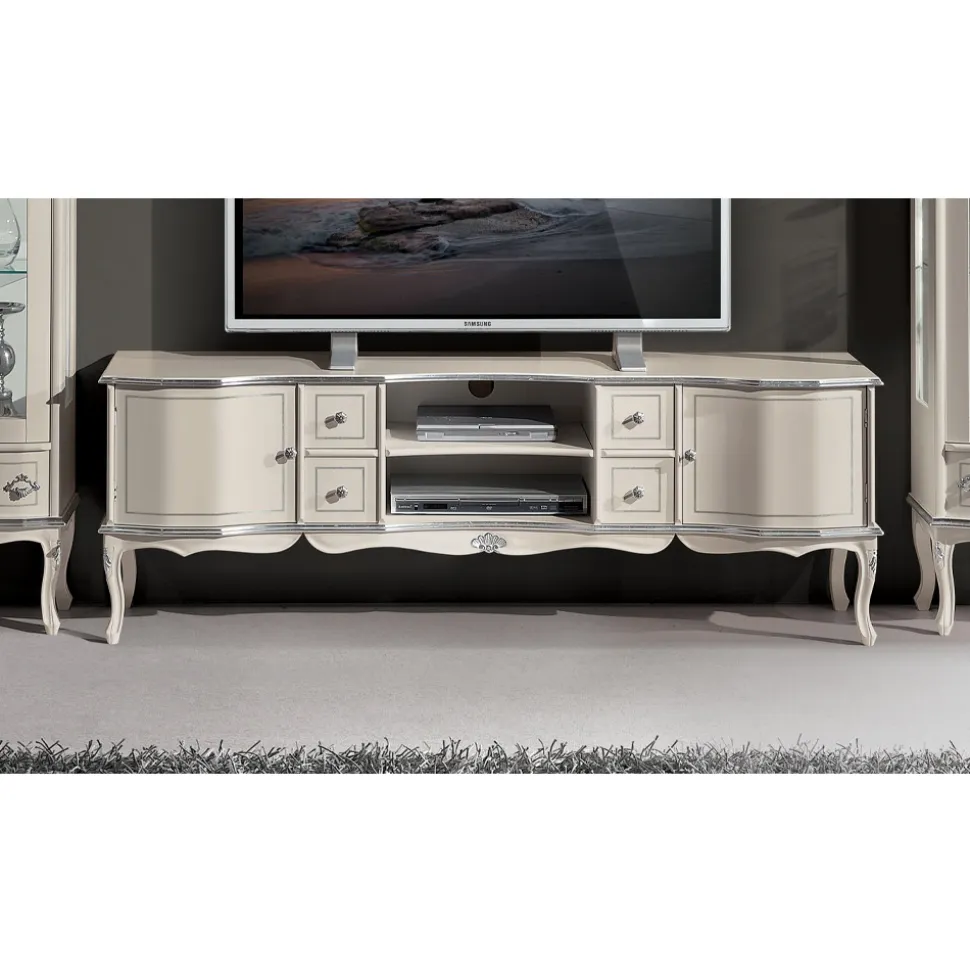 Mobile Salotto Porta Tv Legno Bianco e Argento Made in Italy - Windsor