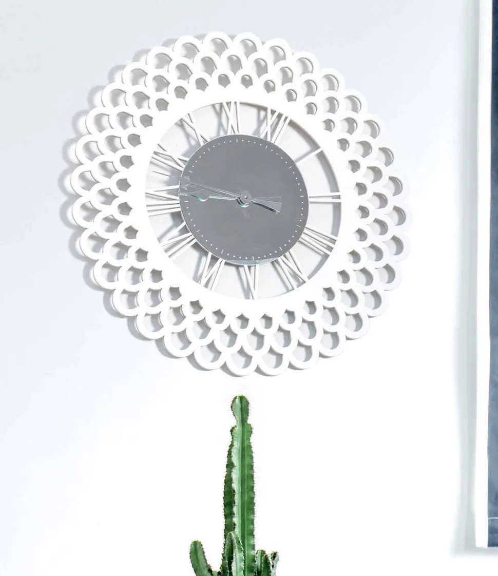 Orologio a Muro in Legno Bianco Design Floreale Grande e Moderno - Gerbera