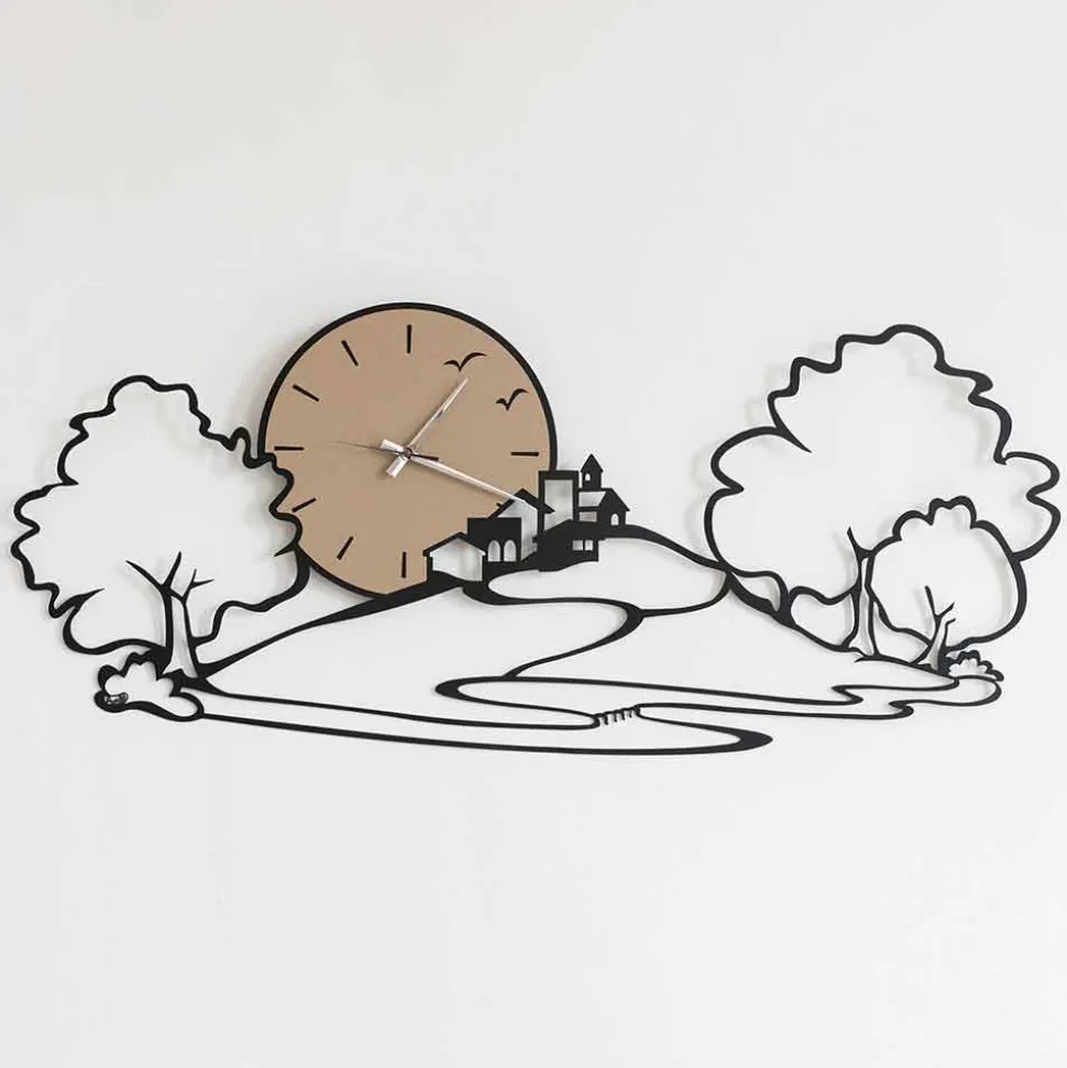 Orologio a Parete con Paesaggio in Ferro Nero o Fango Made in Italy – Paesello