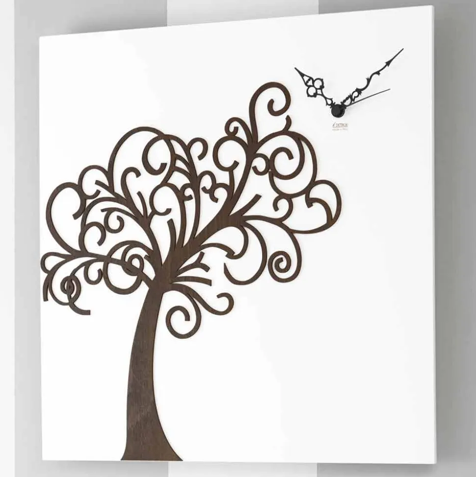 Orologio a Parete Design in Legno Quadrato Bianco con Albero - Alberoeden