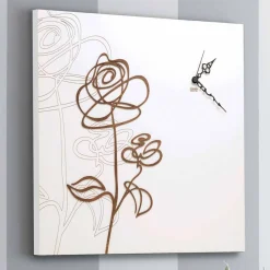 Orologio a Parete in Legno Bianco Quadrato con Decoro a Rosa Moderno - Bucaneve