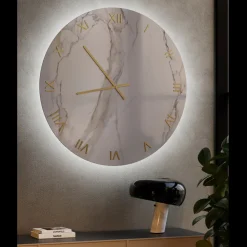 Orologio da Parete in Vetro Effetto Marmo Calacatta con Lancette in Ottone - Axis