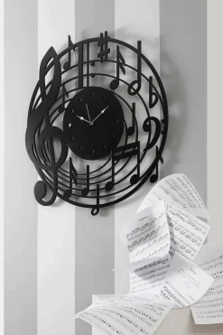 Orologio da Parete Nero Rotondo di Design Moderno in Legno Decorato - Musica