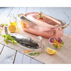 Pesciera Pentola in Rame Stagnato a Mano Italiano con Coperchio 44 cm - Mariapia