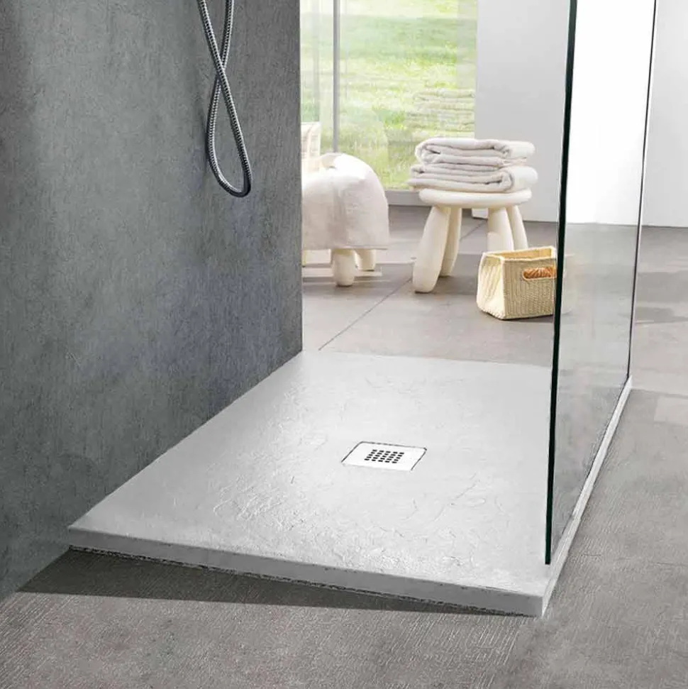 Piatto Doccia Quadrato 80x80 in Resina Effetto Ardesia Bianca e Acciaio - Sommo