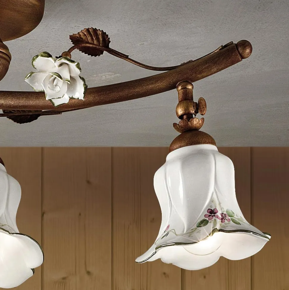 Plafoniera a 3 Luci in Ceramica Artigianale con Rosa di Decoro - Pisa