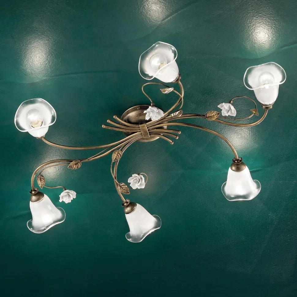 Plafoniera a 6 Luci Vintage in Ferro, Vetro e Rose di Ceramica - Siena