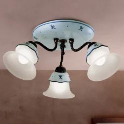 Plafoniera Vintage in Ferro, Vetro e Ceramica Decorata a Mano - Ferrara