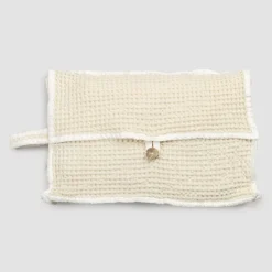 Pochette in Cotone Nido d'Ape Bianco Naturale con Bottone Madreperla - Anteha