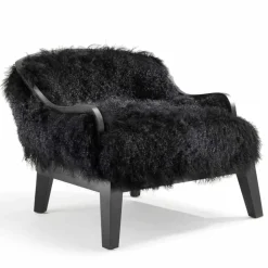 Poltrona da salotto bassa in pelle e pelo nero, made in Italy, Eli
