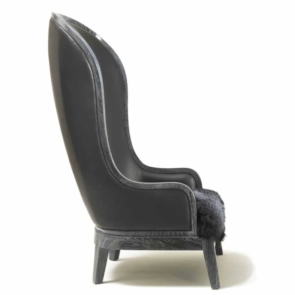 Poltrona da salotto in pelle e pelo nero Eli, design classico di lusso