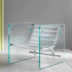 Poltrona da Salotto in Vetro e Seduta in Pelle Bianca Design di Lusso - Tecna