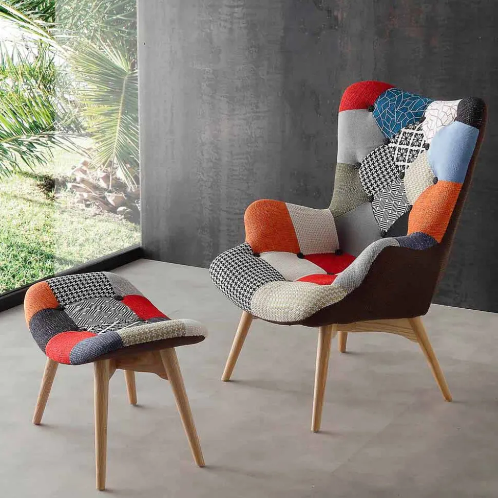 Poltrona patchwork multicolor con gambe in massello Veronica