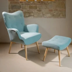 Poltrona + pouf in Legno e Tessuto Misto Cotone - Ailano