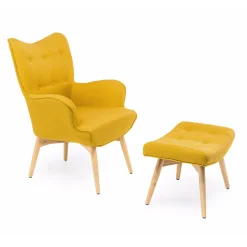 Poltrona + pouf in Legno e Tessuto Misto Cotone - Ailano