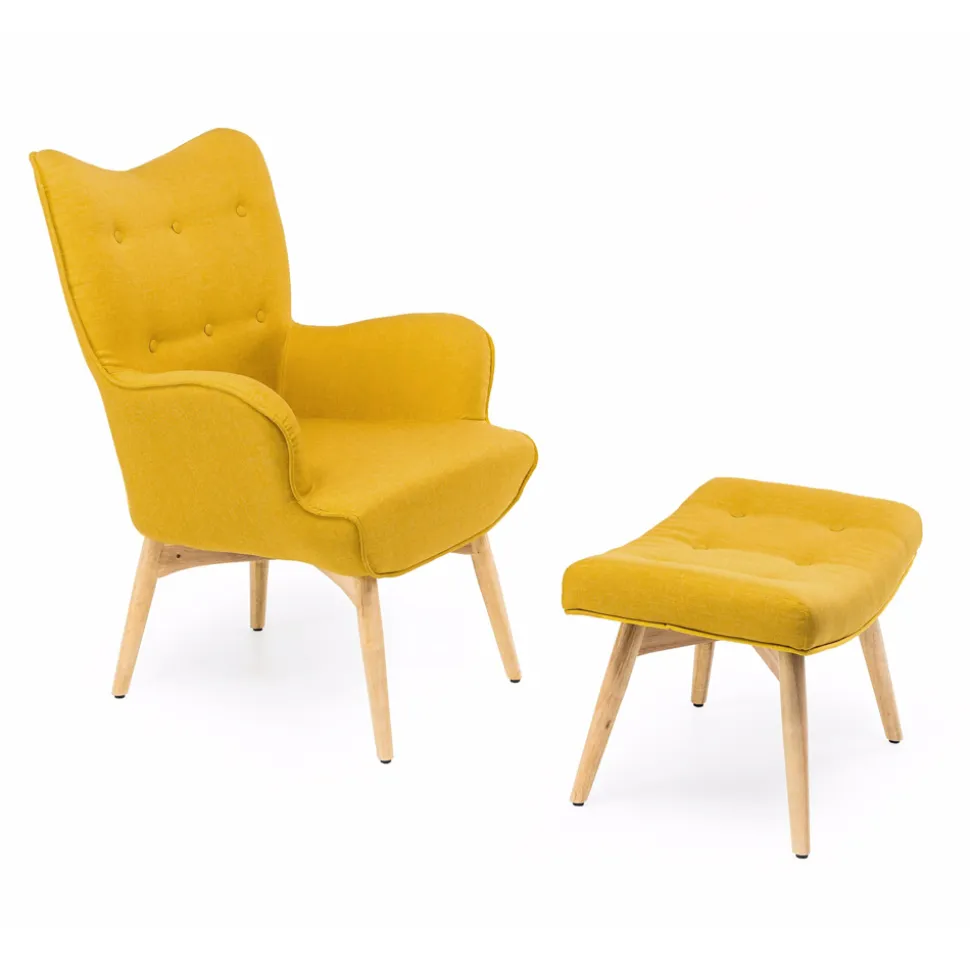 Poltrona + pouf in Legno e Tessuto Misto Cotone - Ailano