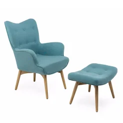 Poltrona + pouf in Legno e Tessuto Misto Cotone - Ailano