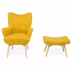 Poltrona + pouf in Legno e Tessuto Misto Cotone - Ailano