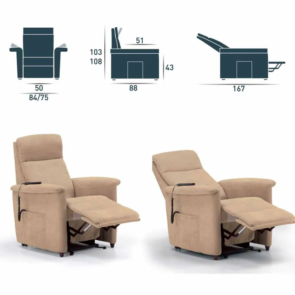 Poltrona relax alzapersona di design Via Firenze 2 motori, realizzata in Italia