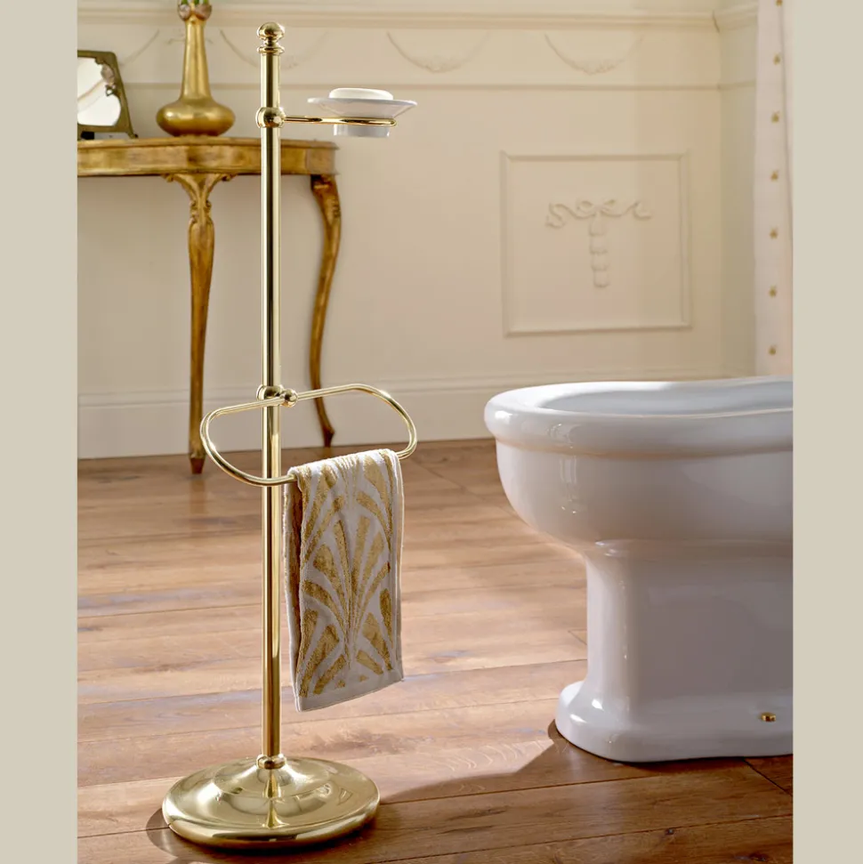 Porta Asciugamani da Terra con Portasapone in Ottone e Ceramica Vintage – Rouen