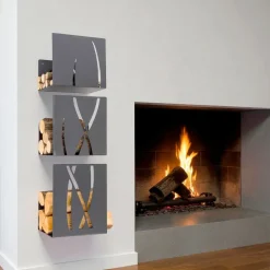Portalegna da Muro Design Moderno Decorato in Acciaio Nero 3 Pezzi - Garigliano