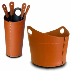 Portalegna, portaferri e ferri per camino in cuoio Nicad,made in Italy