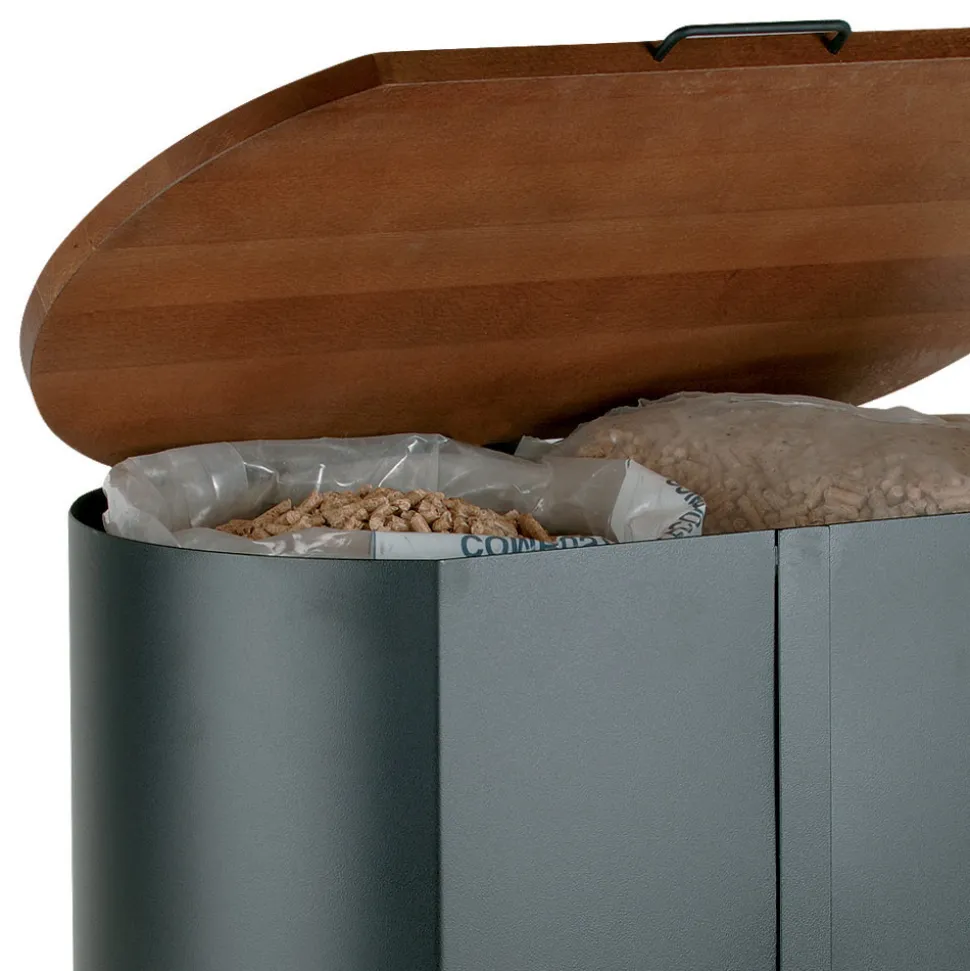 Porta Pellet Ovale in Metallo Nero e Coperchio in Legno Made in Italy - Bisonte