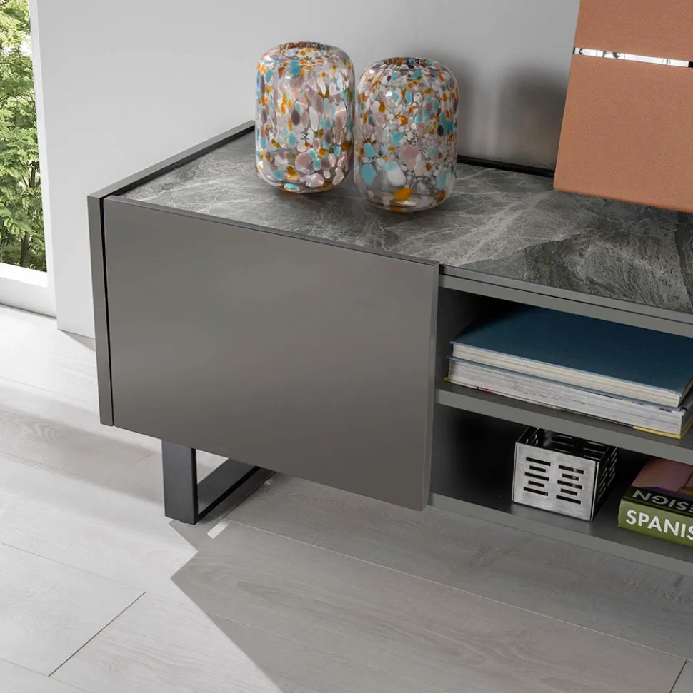 Porta tv con Top in Ceramica Effetto Marmo con 2 Ante e 2 Vani a Giorno - Clak