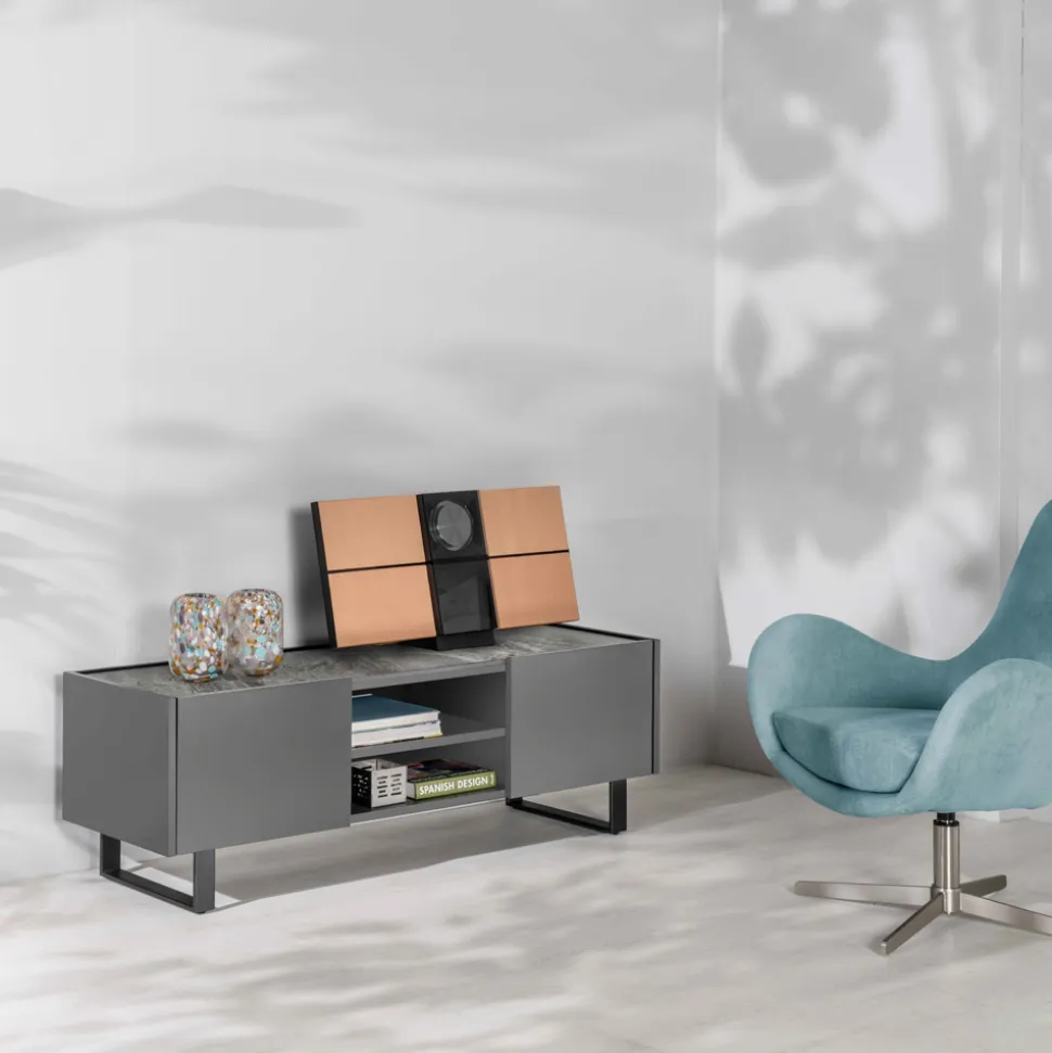 Porta tv con Top in Ceramica Effetto Marmo con 2 Ante e 2 Vani a Giorno - Clak