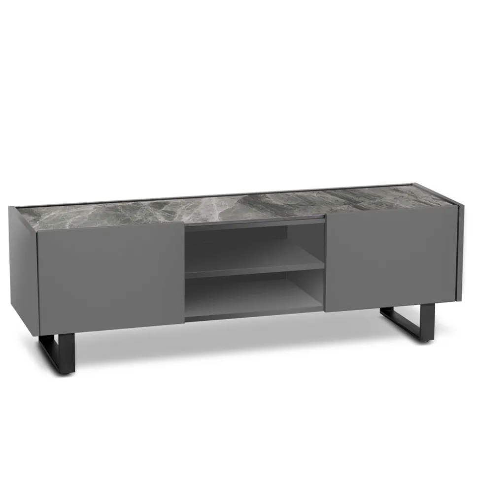 Porta tv con Top in Ceramica Effetto Marmo con 2 Ante e 2 Vani a Giorno - Clak