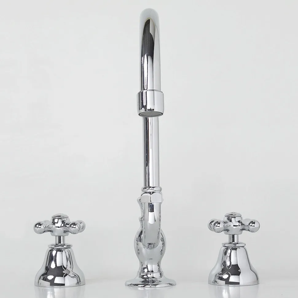 Rubinetto Lavabo Bagno 3 Fori in Ottone Bocca Alta con Scarico - Ercolina