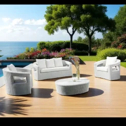 Salotto da Esterno in Polyrattan Marca REHAU e Cuscini Bianchi - Charmix