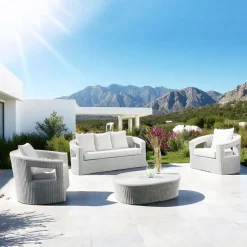 Salotto da Esterno in Polyrattan Marca REHAU e Cuscini Bianchi - Charmix