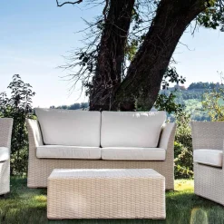 Salotto da Giardino in Polyrattan Marca REHAU e Cuscini Bianchi - Pepe