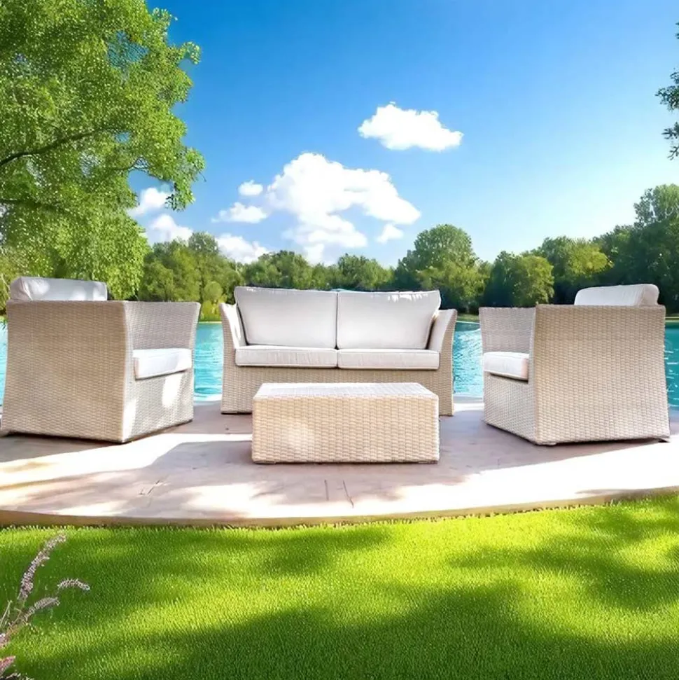 Salotto da Giardino in Polyrattan Marca REHAU e Cuscini Bianchi - Pepe
