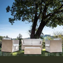 Salotto da Giardino in Polyrattan Marca REHAU e Cuscini Bianchi - Pepe