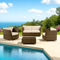 Salotto da Giardino in Polyrattan Marca REHAU e Cuscini Bianchi - Pepe