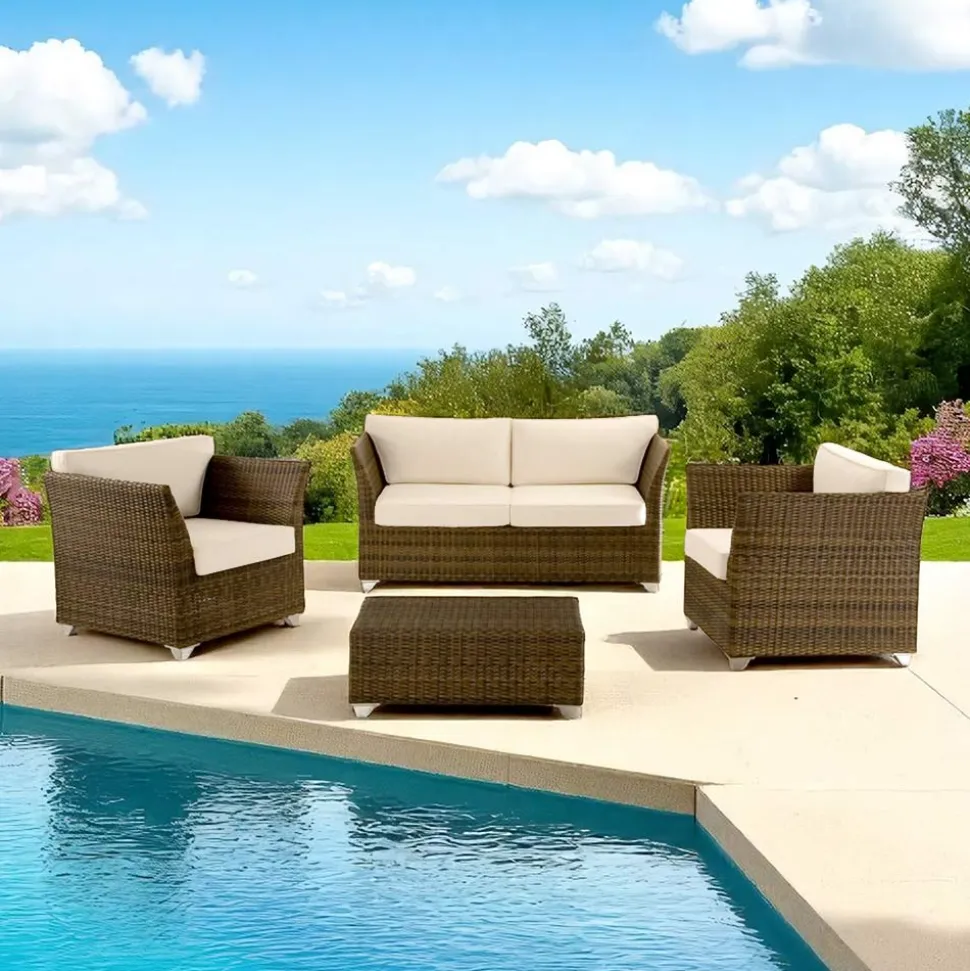 Salotto da Giardino in Polyrattan Marca REHAU e Cuscini Bianchi - Pepe