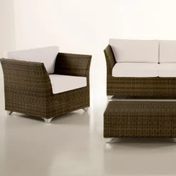 Salotto da Giardino in Polyrattan Marca REHAU e Cuscini Bianchi - Pepe