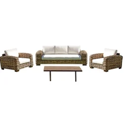 Salotto da Giardino in Rattan con Tavolino in Legno e Cuscini - Hugues