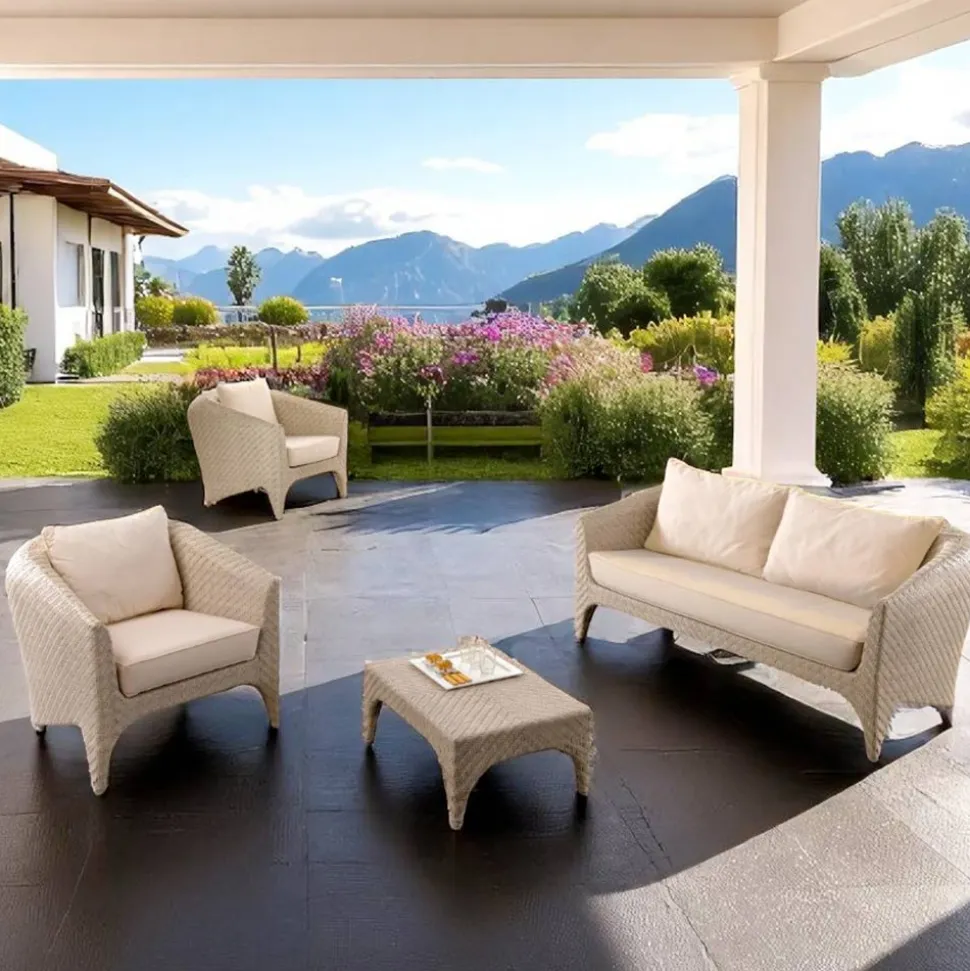 Salotto in Polyrattan Marca REHAU di Diverse Finiture e Cuscini Bianchi - Pazzia
