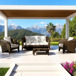Salotto in Polyrattan Marca REHAU di Diverse Finiture e Cuscini Bianchi - Pazzia
