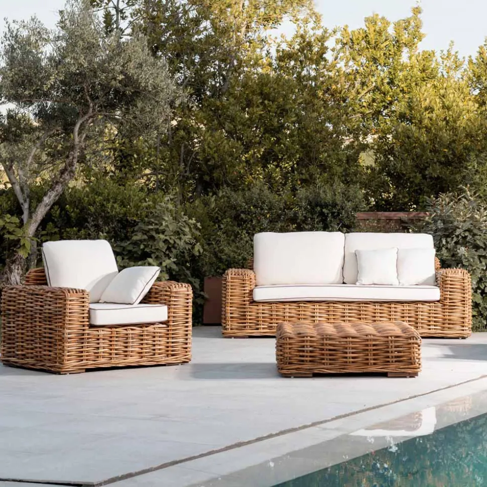 Salotto Outdoor in Rattan Naturale, Cuscini Inclusi, – Keira