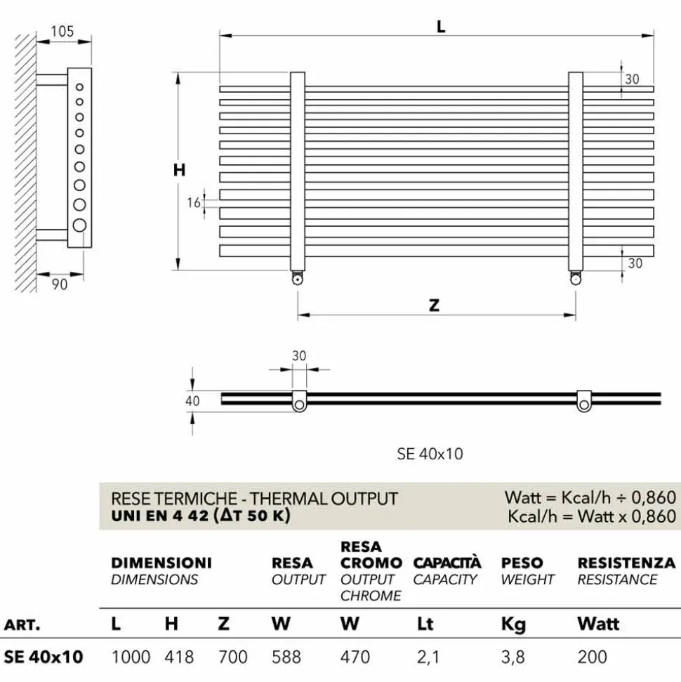 Scaldasalviette elettrico orizzontale Selene made in Italy Scirocco H