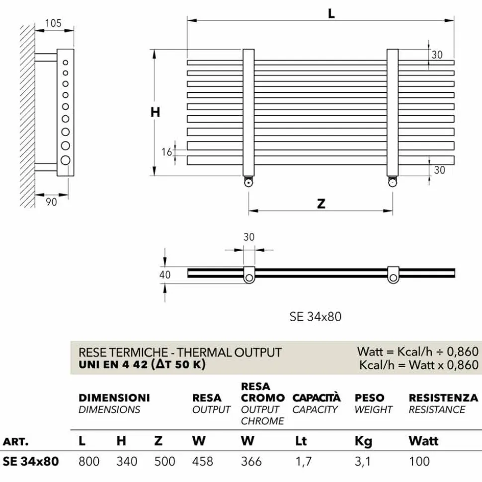 Scaldasalviette elettrico orizzontale Selene made in Italy Scirocco H